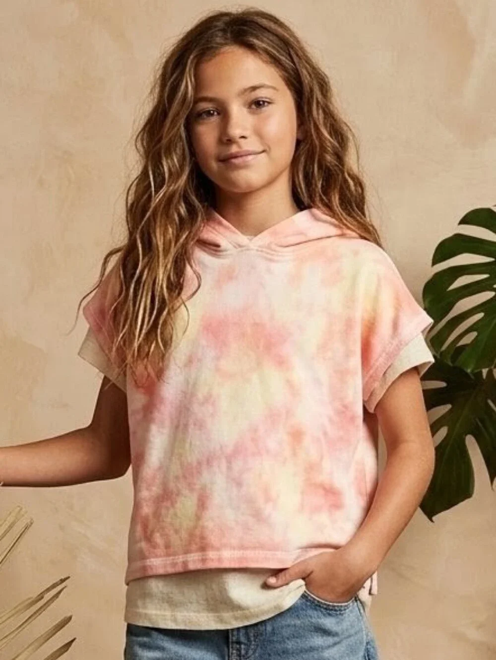 Garanimals Pink & Cream Tie-Dye Hooded Short Sleeve Top